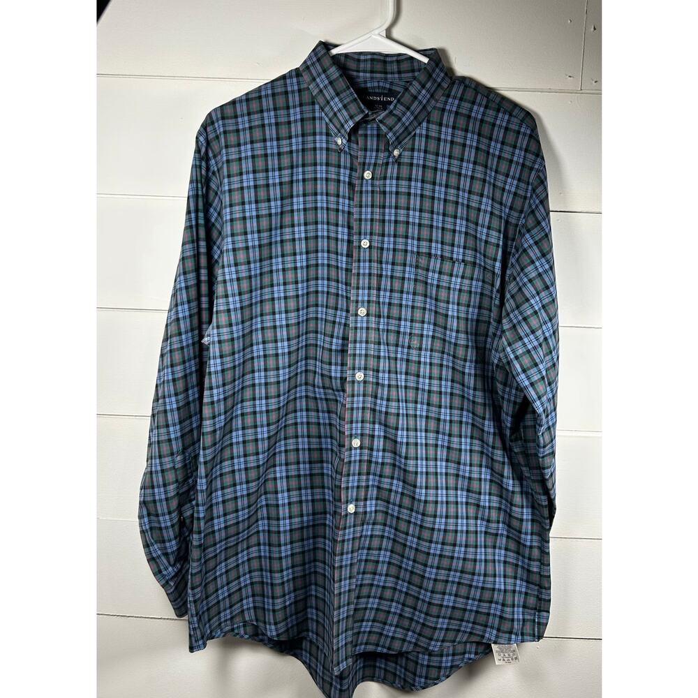EUC Lands End No Iron Twill Traditional Fit Men Button Down Shirt Tartan Plaid